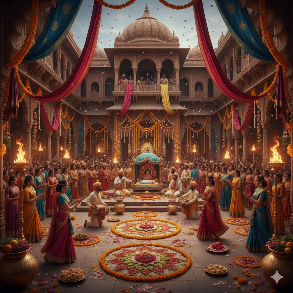 7th century Indian royal palace celebration with newborn prince, traditional attire and decorations