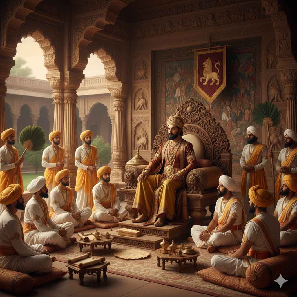 7th century Indian royal palace celebration with newborn prince, traditional attire and decorations