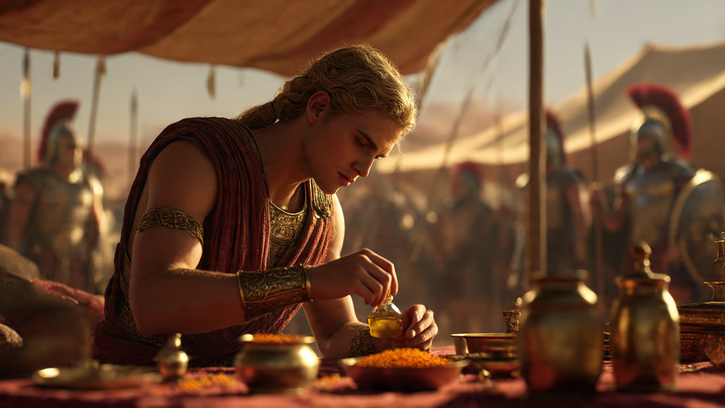 Alexander the Great applying saffron oil in a royal tent